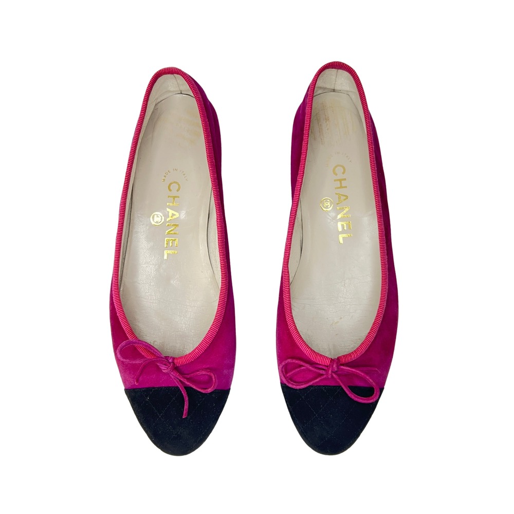 Chanel Hot Pink/Raspberry and Black Cap Toe Suede Bow Ballet Flats
